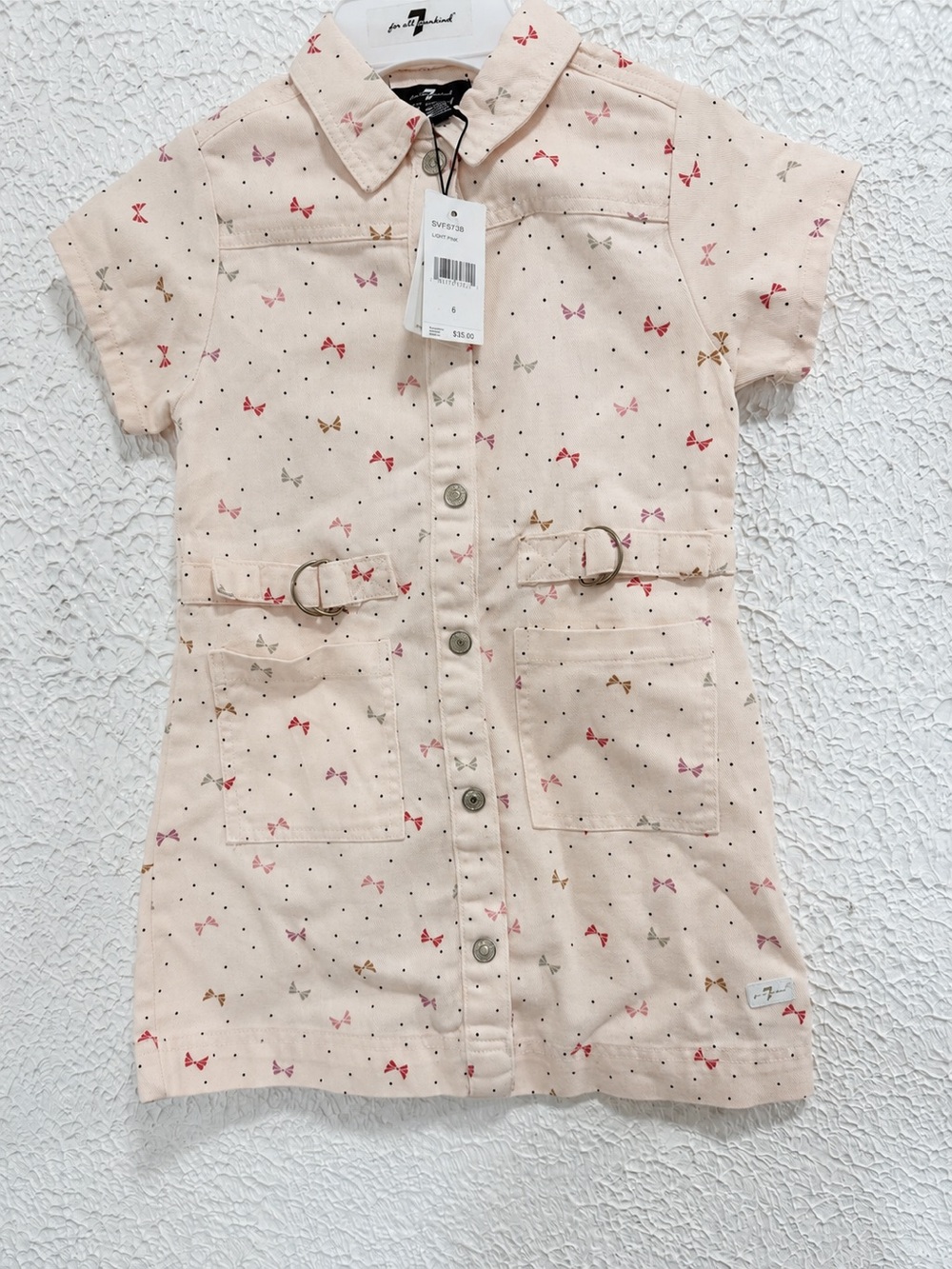 7 For All Mankind Girls Pink Bow Print Utility Dress Size 6 NWT